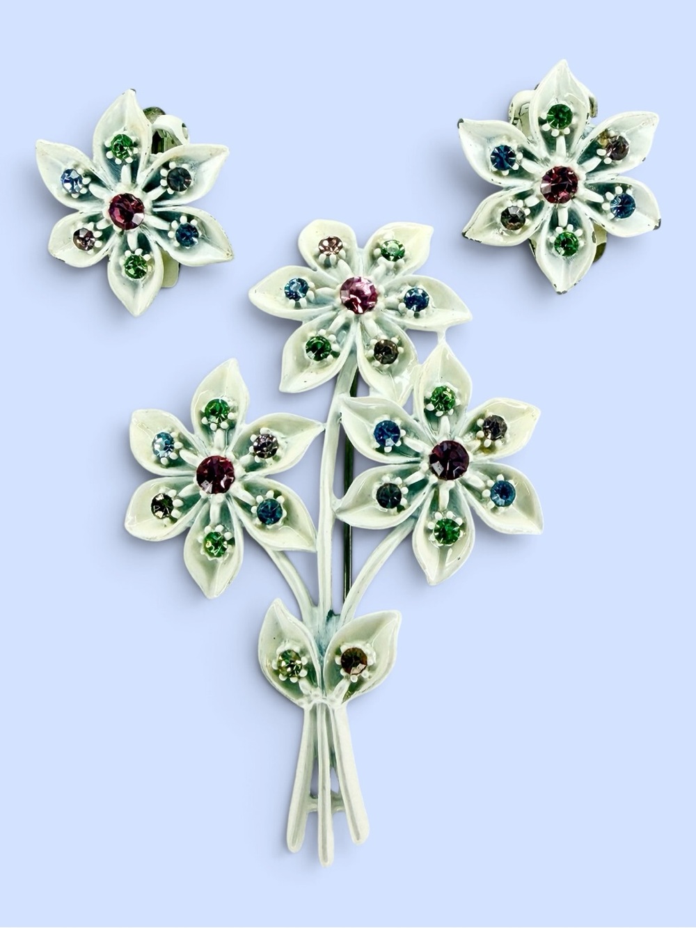 VTG Cold Enamel Metal Floral Brooch & Clip Earrings Set Multicolor Rhinestone